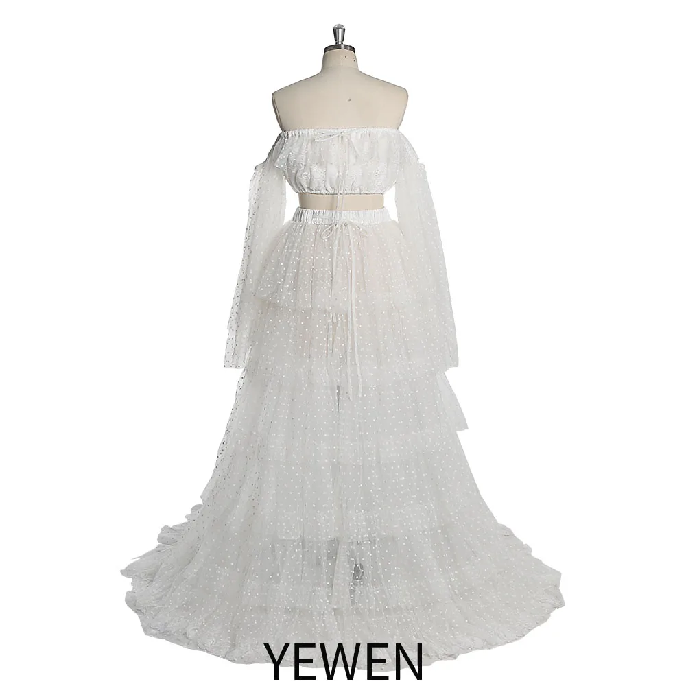 White Two Piece Shoulderless Boho Dot Tulle Prom Dress Beach Simple Bridal Wedding Dress YEWEN YW230316