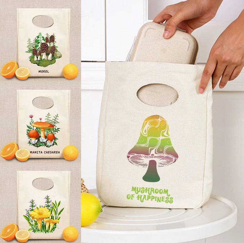Insulated Lunch Bag Fashion Commute Student Worker Lunch Bag Large Capacity Mushroom Print Hiking Camping Picnic Pouch Women Men
