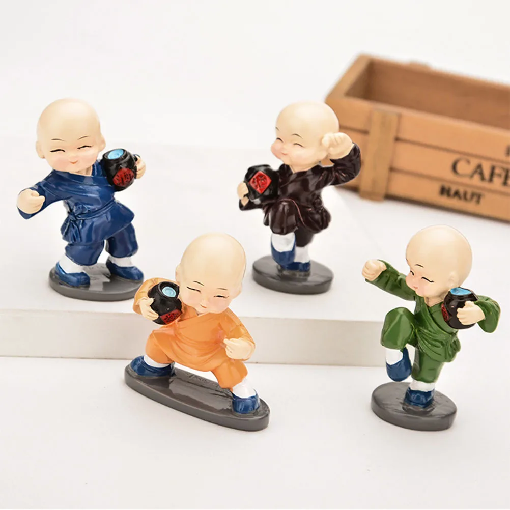 

4Pcs Small Monk Car Decor Kungfu Monk Resin Art Ornament Home Office Car Interior Decoration Gift Set Kongfu Monks