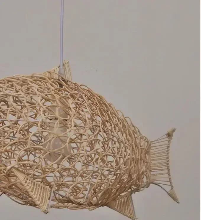 Creative Modern simple rattan fish chandelier restaurant personality hand-woven fish-shaped lamp