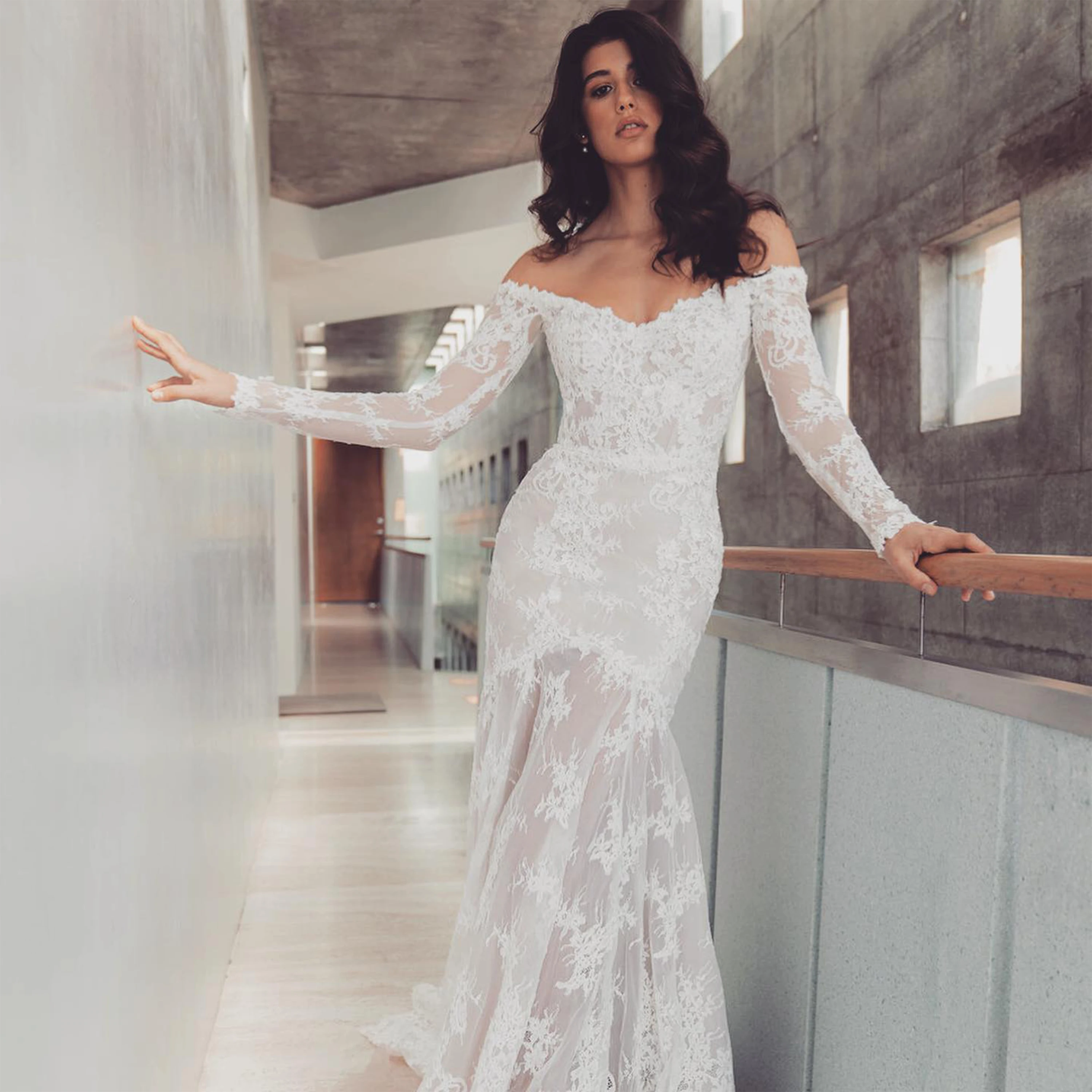 Lace Appliques Off Shoulder Wedding Dresses Mermaid Bride Dress Long Sleeve Garden Beach Bridal Gown vestido de novia Customized
