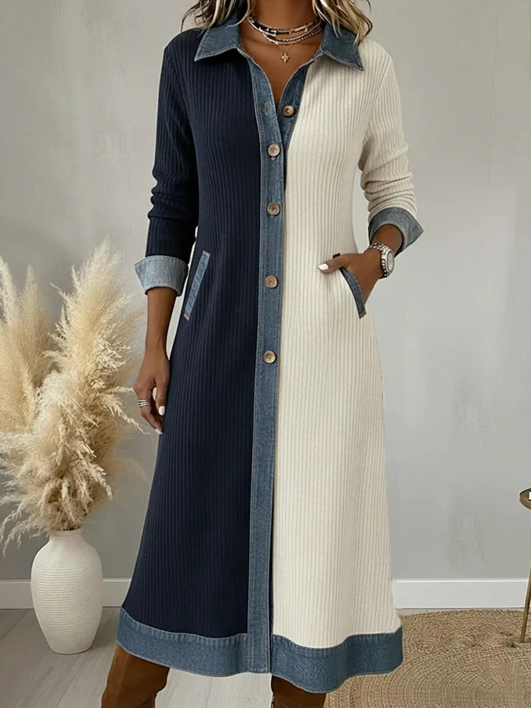 Umlegekragen Einfarbiges Patchwork Elegantes Mode-Partykleid Damen Frühling Sommer Langarm Urlaub Maxi-Hemdkleid Streetwear
