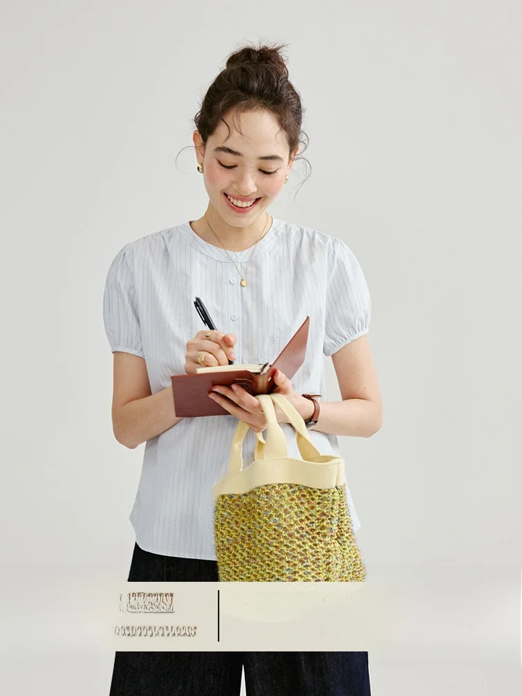 

AMUU Original Light Blue Striped Pure Cotton Short Sleeve Women's Shirt Summer New Loose Pleated Top Breathable Comfortable K...