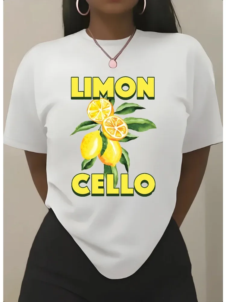 Camiseta feminina com estampa de limão, macia e respirável, casual, ajuste relaxado, gola redonda, manga curta, versátil, moda diária