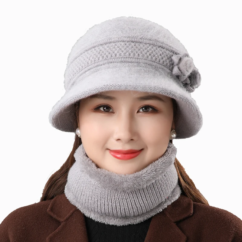 Warm Rabbit Hair Hat Elderly Mother Hat Autumn and Winter Women Bib Two-piece Set Simple Fashion Temperament Winter Basin Hat