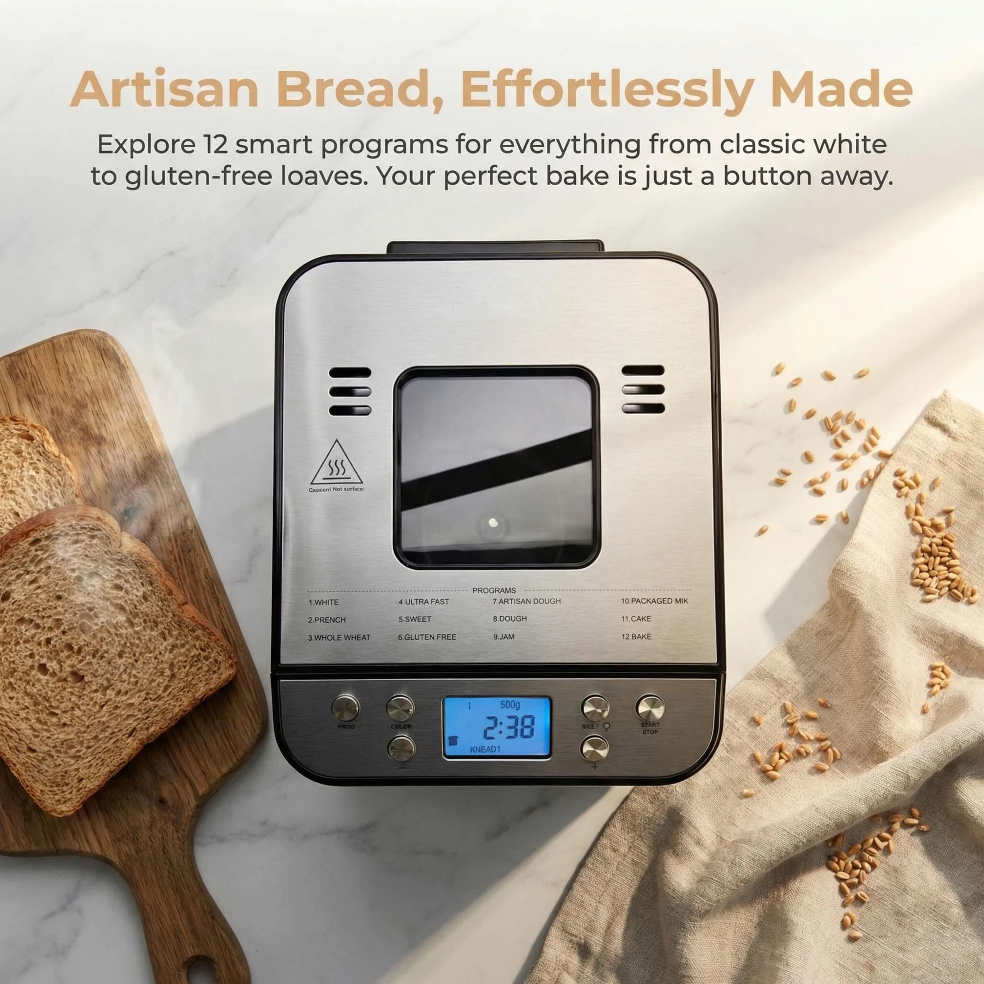 Automatic Smart Bread Maker Machine 12 Programs Clear Viewing Window with 3 Loaf Sizes LCD Display 15H Delay-start Timer