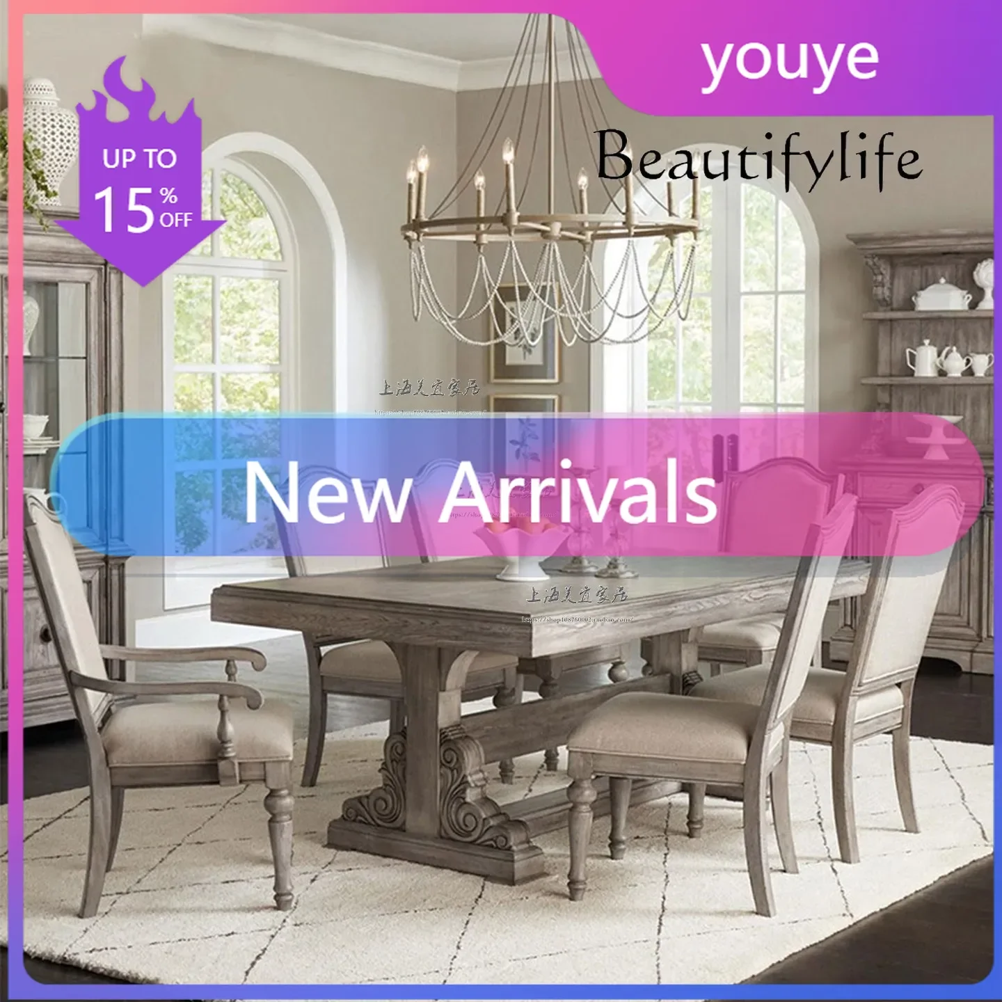 N36 BJ O Solid Wood Retro Gray Dining Table And Chairs French Medieval Designer Villa Restaurant Carved Rectangle