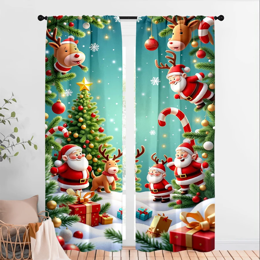 2PCS Christmas Winter Curtains, Santa Claus Reindeer, Digital Print, Bedroom Living Room, Rod Pocket, Polyester, Home Decor