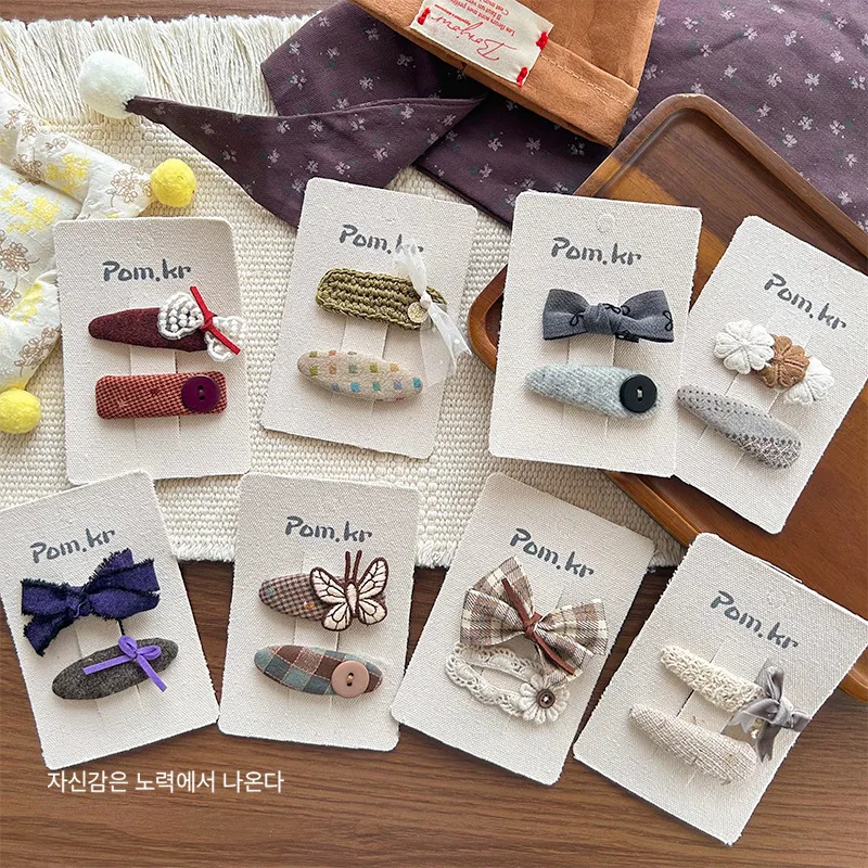 Children Bow Clips Fall Plaid Fabric  2PCS Set Lace Button Design Sweet Versatile Side Hair accessory Gift Idea
