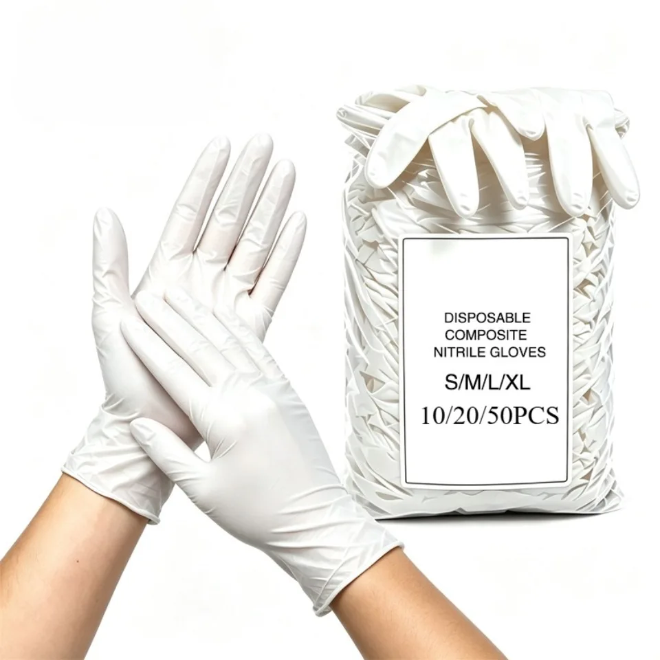 10/20/50PCS White Composite Nitrile Gloves Disposable Gloves for Dishwashing Kitchen Cleaning Car Washing Household Tasks