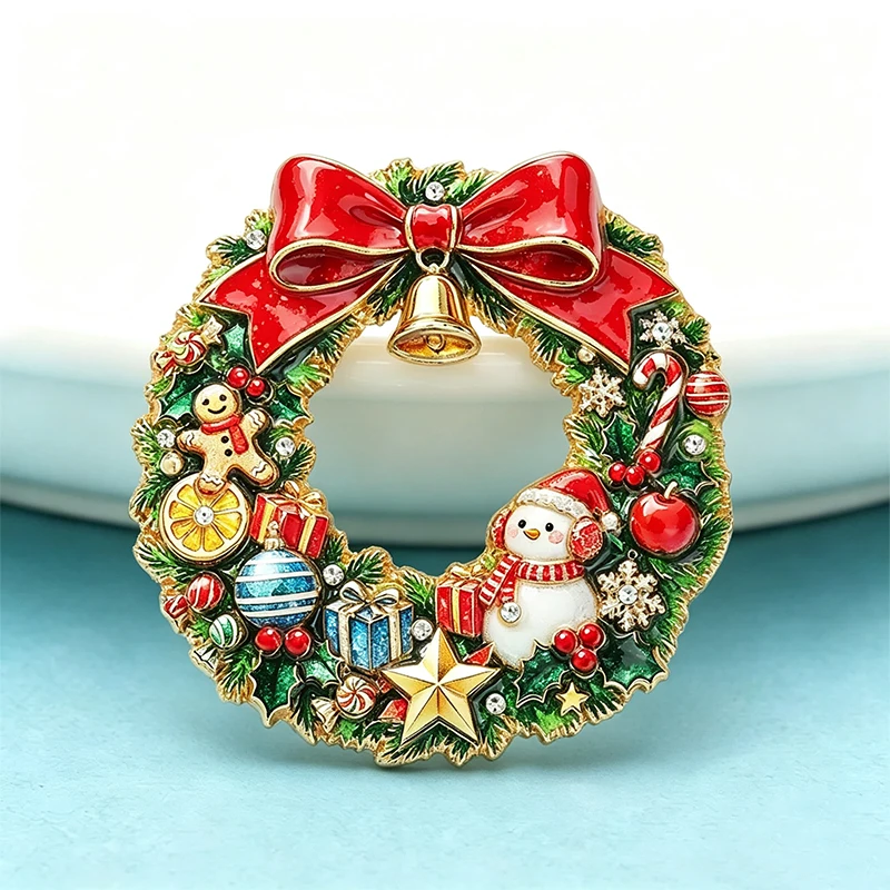 Wuli&baby Weihnachtskranz-Broschen für Frauen Unisex 2-farbig Niedlicher Schneemann Schleife Blumen Kreis-Broschen Neujahrsgeschenke – Detail 6