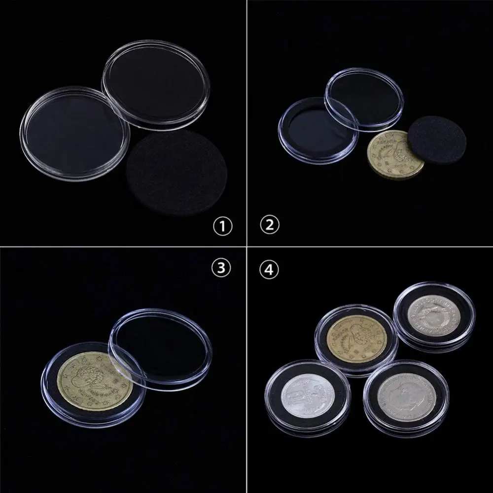 100Pcs 17/20/25/27/30mm Gasket Pads Coin Capsule Protect Case Holder Storage Box with Black Inner Cushion for Collectors