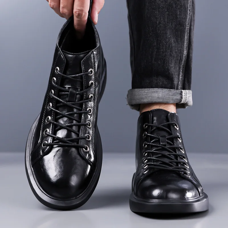 Men Mid Top Boots British Retro Round Toe Leather Ankle Boots Soft Sole Casual Work Short Boots Autumn Men Footwear Botas Hombre