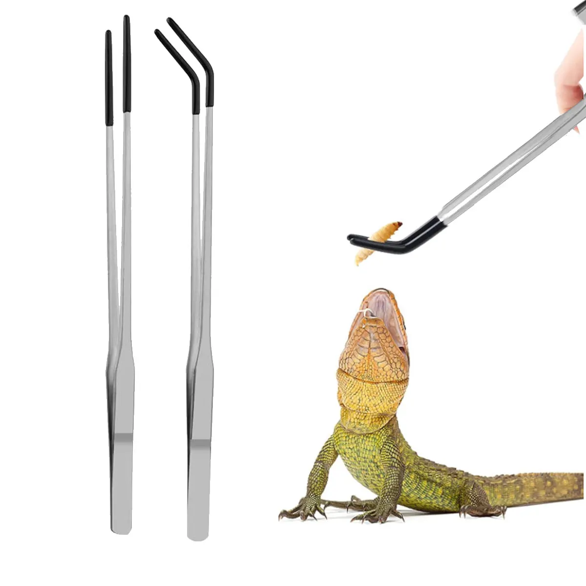 

2 Pcs Pet Extra Long Stainless Steel Reptile Feeding Tongs with Rubber，Bearded Dragon Aquarium Long Tweezer Terrarium Feeder
