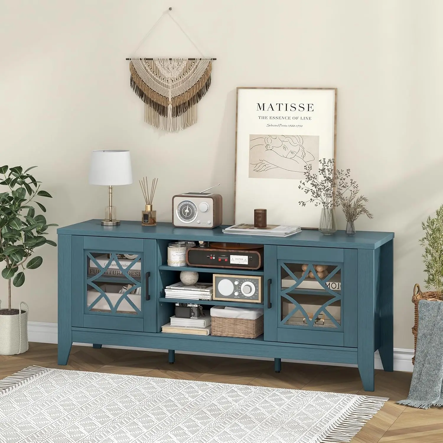 최대 65'까지의 TV용 농가형 TV 스탠드, 유리문이 있는 현대적인 미디어 콘솔, 선반 4개, 케이블 관리, 청록색