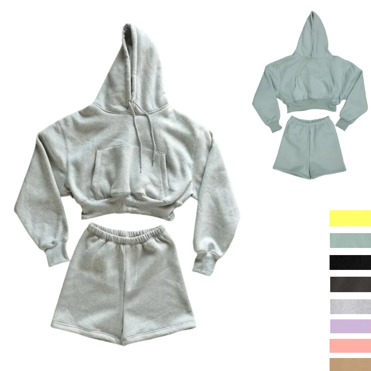 Fleece Sweat Shorts Two Piece Set Women Plain Hoodies 2 Piece Outfit Casual Tracksuit Female Hoody Sweatshirt Basic Suits