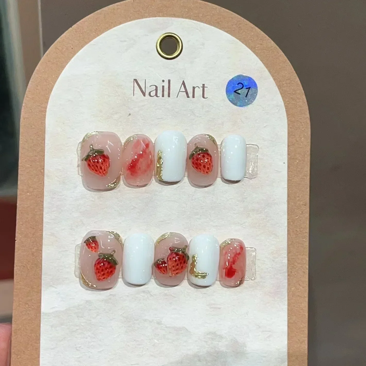 

10Pcs Handmade Press on Nails Hand-painted False Nails Strawberry Design Autumn Acrylic French Short Ballet Wearable Manicure