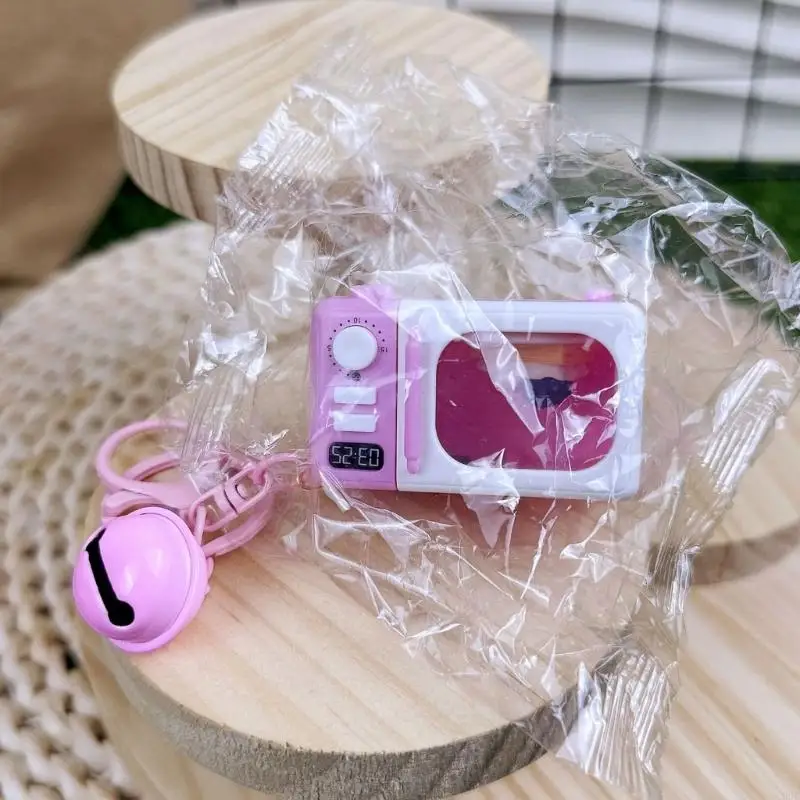 C90F 미니어처 오븐 전화 매력이있는 음향 효과 및 어린이 역할을위한 LED 조명 역할 재생 척 주방 장난감 ABS 키 체인 액세서리