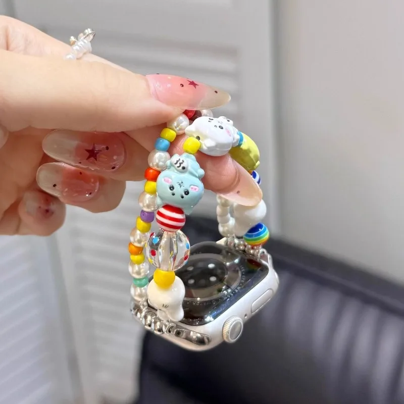 Anime Chiikawa Usagi Beaded Silicone Watch Band Soft Strap Replacement Wristband For Apple Watch Series 11 10 9 SE Smartwatch