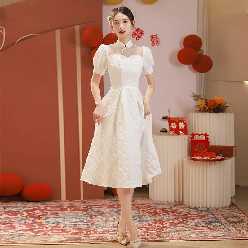 

White Sexy Mandarin Collar Puff Sleeve Back Zipper A-Line Evening Dress Chinese Women Formal Gowns Robe De Soiree Cheongsam