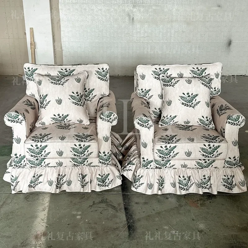 Retro Solid Wood Fabric Sofa Chair British Pastoral Print Single Seat for Home Living Room Balcony Lazy Lounge