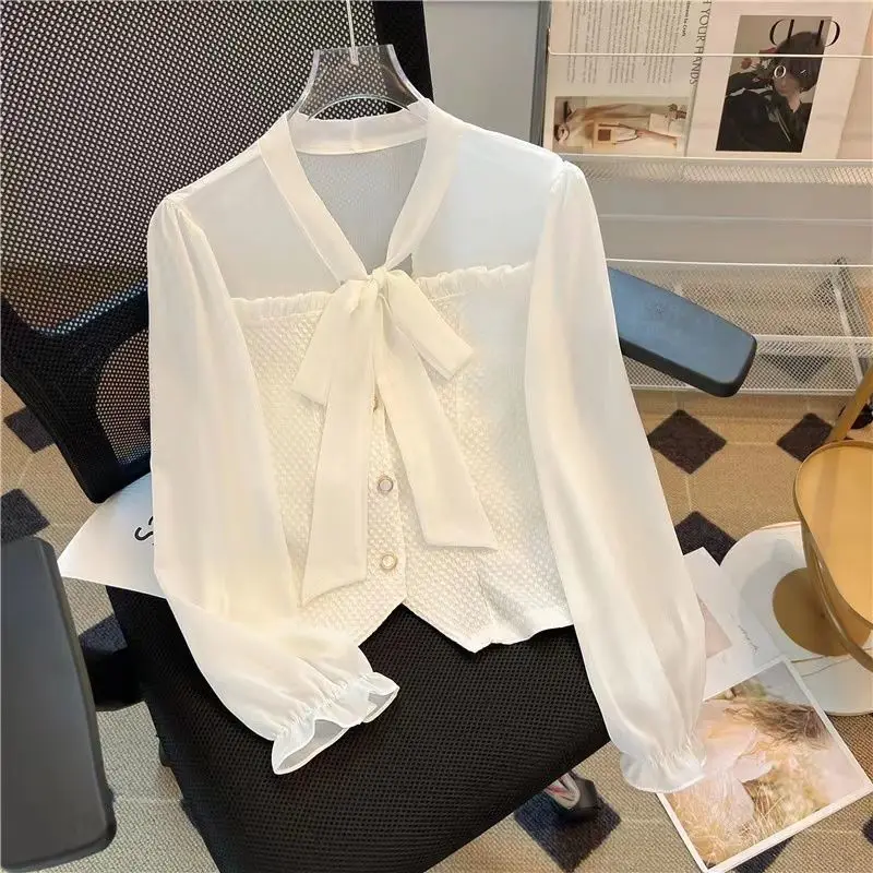 

Summer Oversized High Waist Korean Style Retro Women's Shirt Solid Splicing Lace V Neck BOW Long Sleeve Sweet Loose Chic Tops