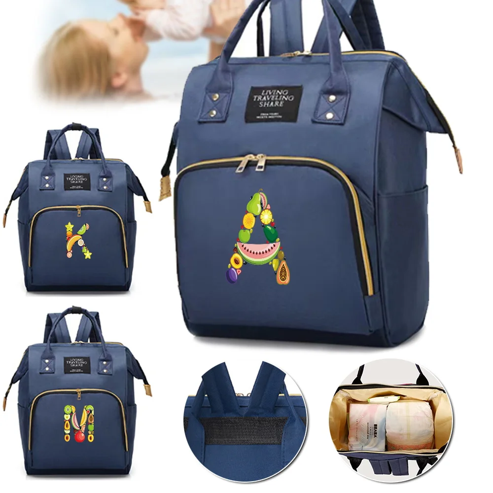 

Large Capacity Mommy Pack Compartments Zipper Backpack Portable Fruit Letter Pattern Casual Travel Storage Shopping Bag Unisex