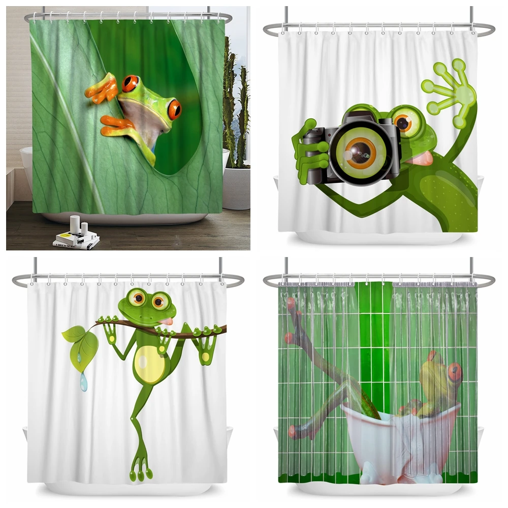 Divertidos juegos de cortinas de ducha de dibujos animados de rana, hojas, animales, decoración creativa para el baño de niños, tela impermeable, ganchos para el hogar, cortinas de baño