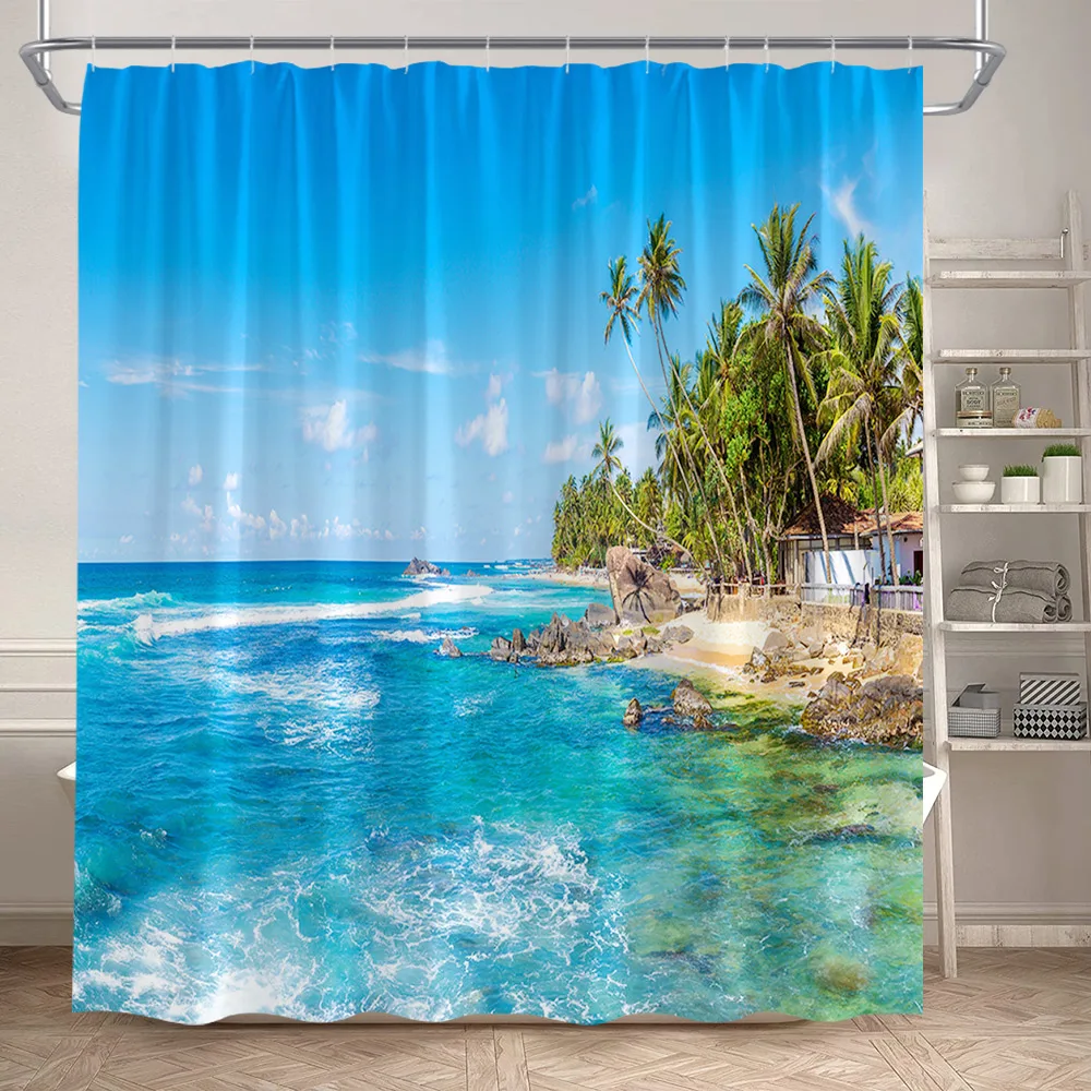 Hawaii Blue Ocean Shower Curtain Sea Waves Beach Coconut Tree Tropical Nature Scenery Bath Curtains Fabric Home Bathroom Decor