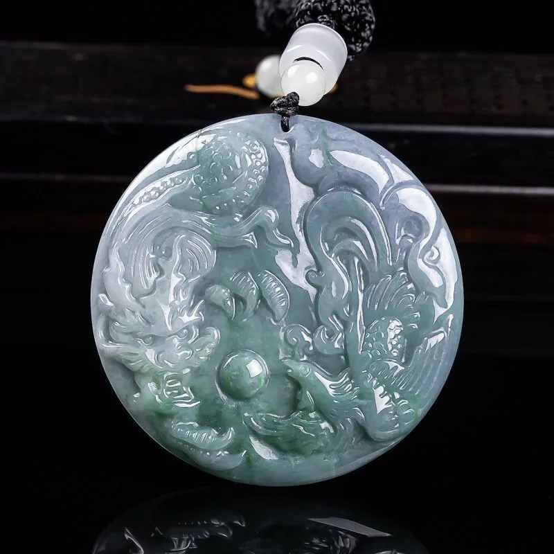 

Natural Dragon and Phoenix Pendant Couple Pendant Round Jade Necklace Jewelry