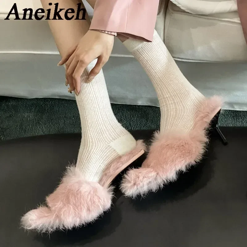 Aneikeh 2025NEW Spring/Autumn Fashion Flock Women FEATHER Thin Heels Peep Toe Pointed Toe Outside Solid Slippers Shallow Leisure