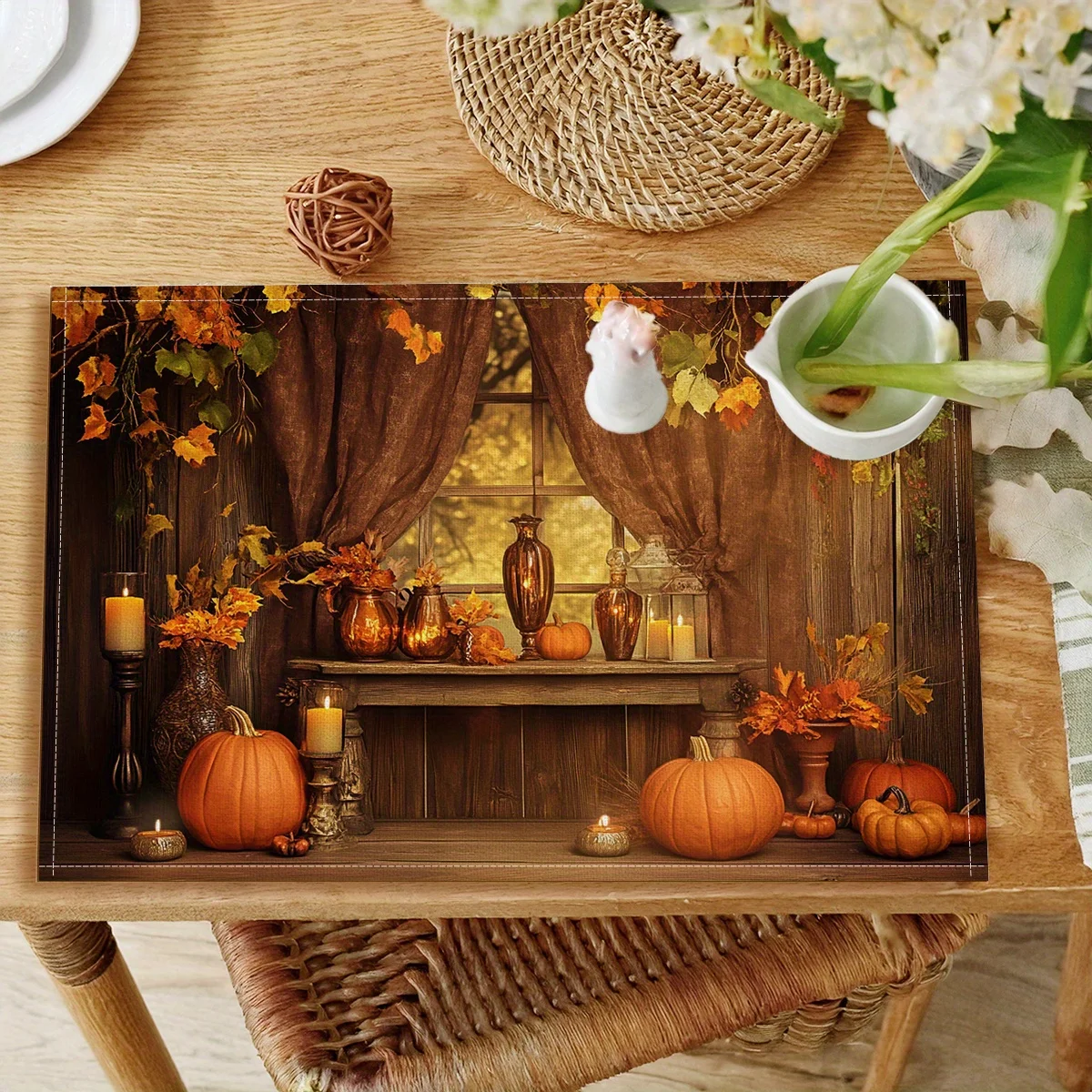 4 قطع من مفارش مشهد الخريف العتيقة - مفارش طاولة بوليستر واقعية ذات طابع سقوطي، 18 × 11.8 بوصة، دافئة