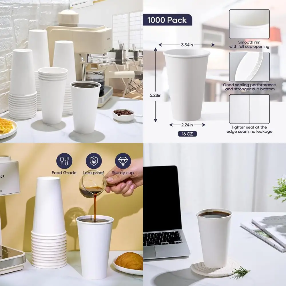 

16 oz Disposable White Paper Cups, Pack of 1000, Ideal for Coffee, Offices, Schools, and Restaurants