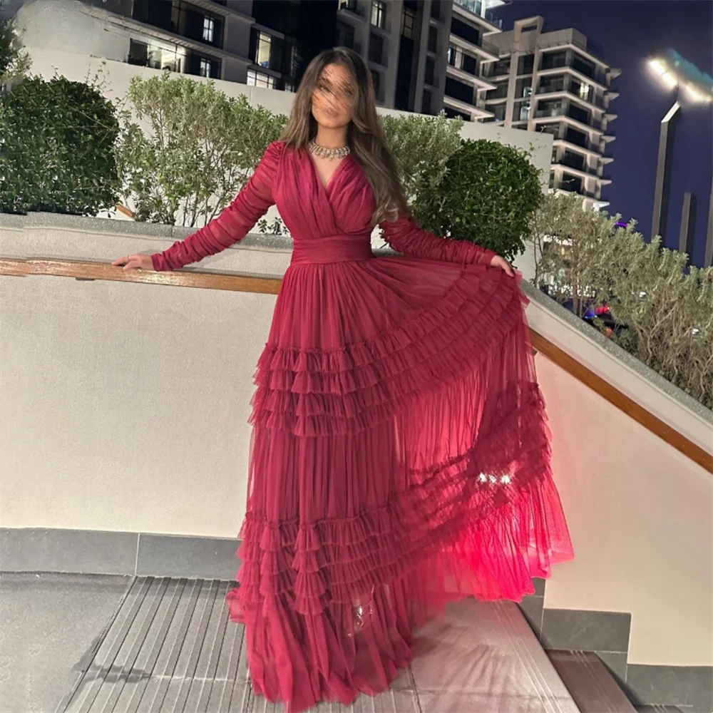 Cathy Red V-neck Tulle Prom Dresses A-line Long Sleeves فساتين السهرة Elegant Floor-length Tiered Ruffle Vestidos De Noche 2024