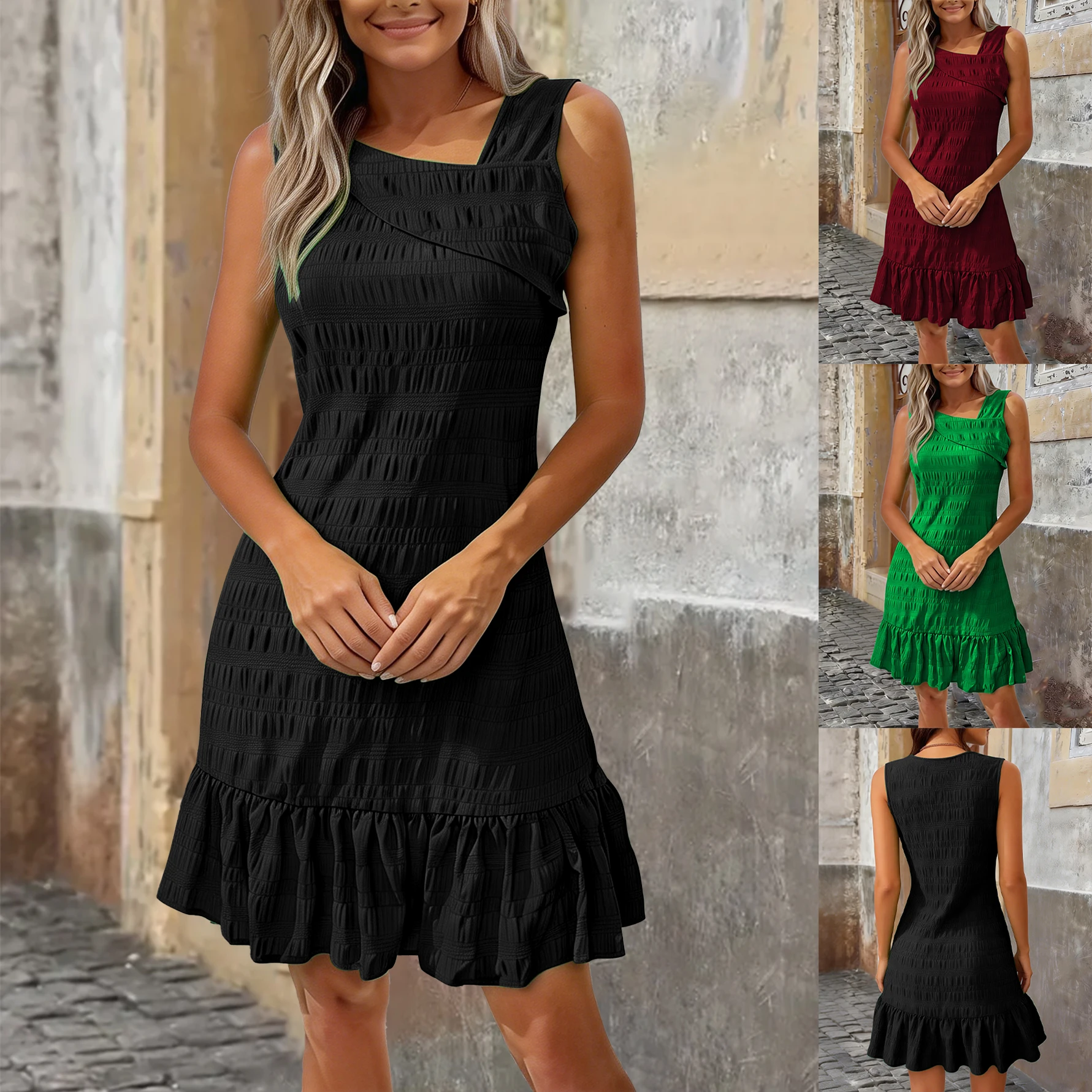 

Women's Plus Size Sleeveless Slash V Neck Dress - Solid Color Woven Jacquard Paneled Casual Summer Dresses