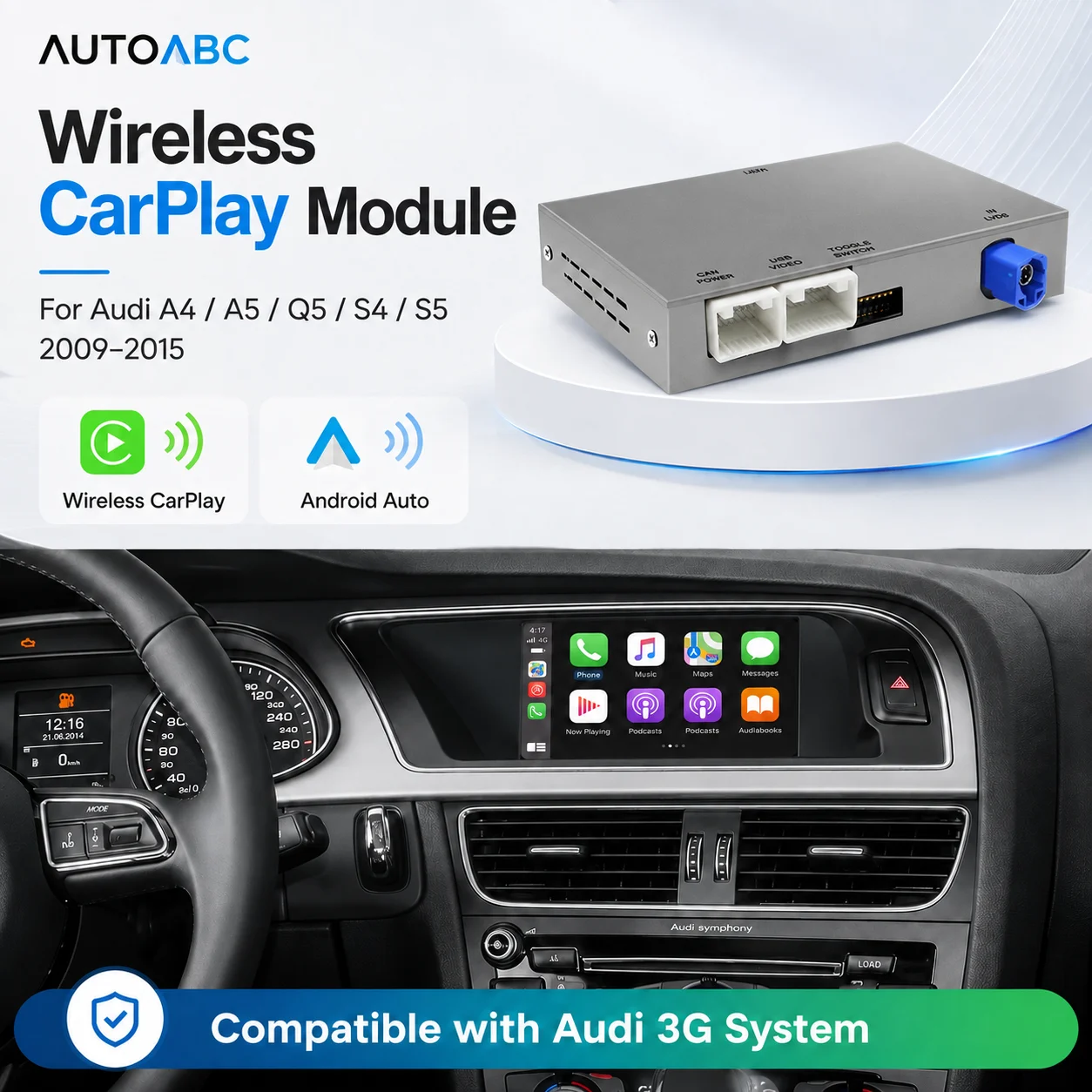 Interfejs bezprzewodowy AUTOABC CarPlay do Audi A4 B8 A5 Q5 2009-2015 z Android Auto, AirPlay, Mirror Link, kamerą cofania, odtwarzaczem USB, funkcją Bluetooth Audio