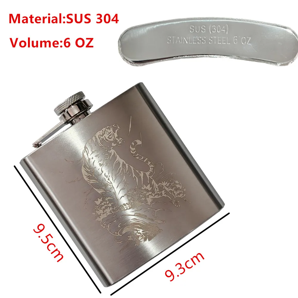 Roar Tiger SUS 304 6 OZ Hip Flask Food Grade Stainless Steel Brush Finish Pocket Travel Flask Out Door Drinkfor Whisky Alcohol