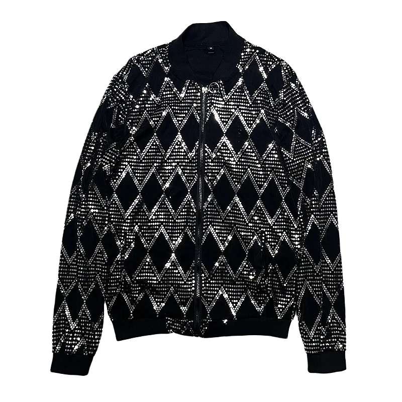 

Men's Jackets Rhombus Sequins Performance Clothes NightClub Stage Trendy Jackets Stand Collar Zippers Long Sleeve Tops Men Coats
