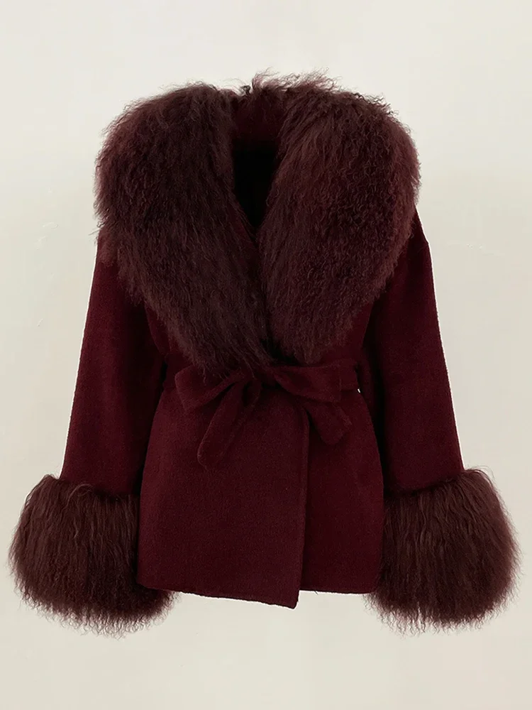New 2025 Lady Fashion Real Fur Cuffs Coat Winter Clothing Women Wool Clothes Natural Mongolia Sheep Fur Woolen Jacket Female