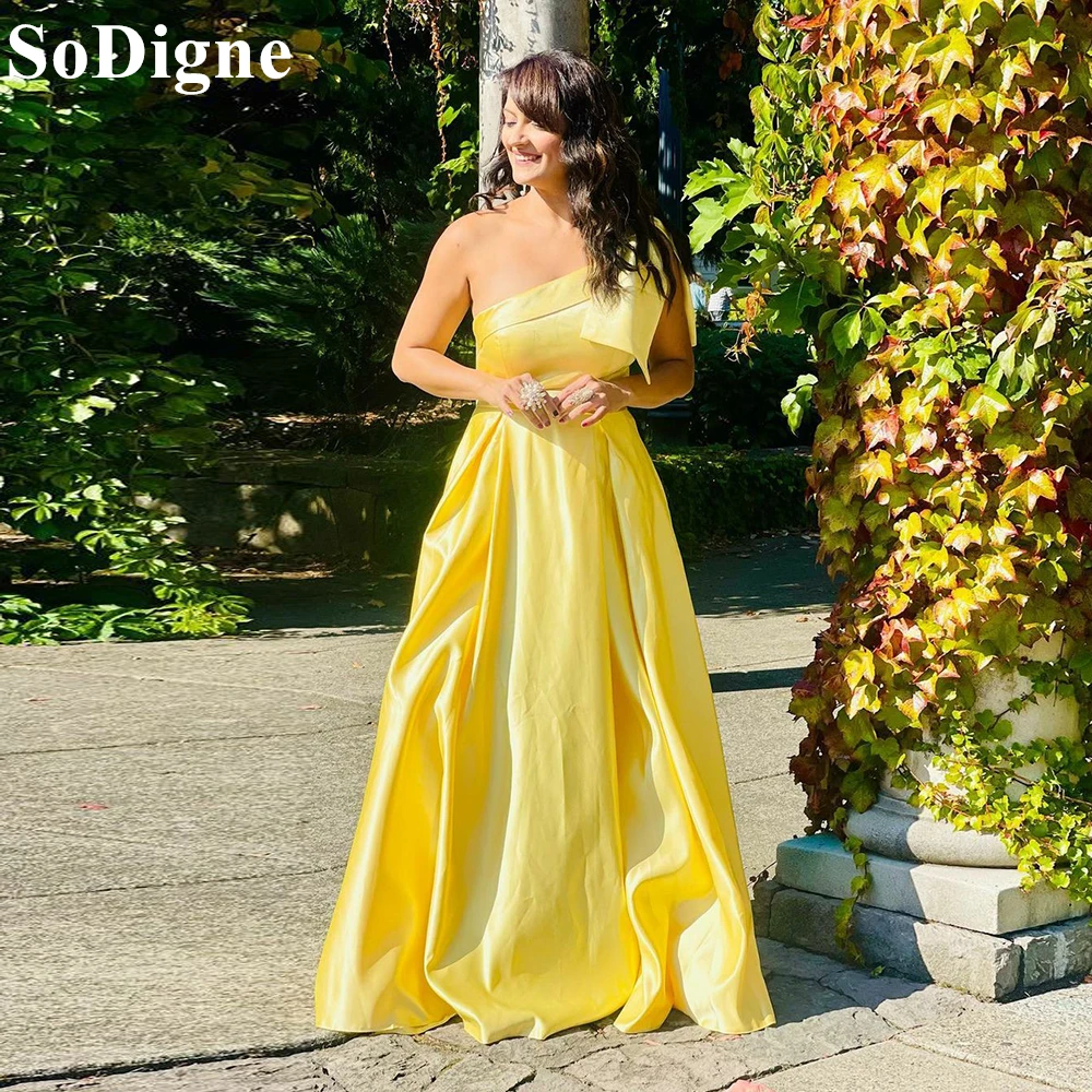 

SoDigne Elegant Yellow Satin Evening Dresses One Shoulder Pleated A-Line Party Dress 2024 Simple Prom Gowns for Women Customized