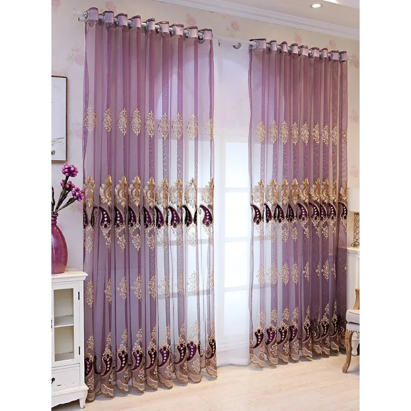 European High-end Embroidery Semi-blackout Purple Gauze Curtains Living Room Bedroom Balcony Curtains