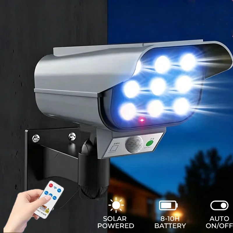 2000LM 77LED Solar Motion Sensor Light Outdoor Wall Lamp with Remote Control Waterproof Dummy Camera for Garden Garage ﻿
