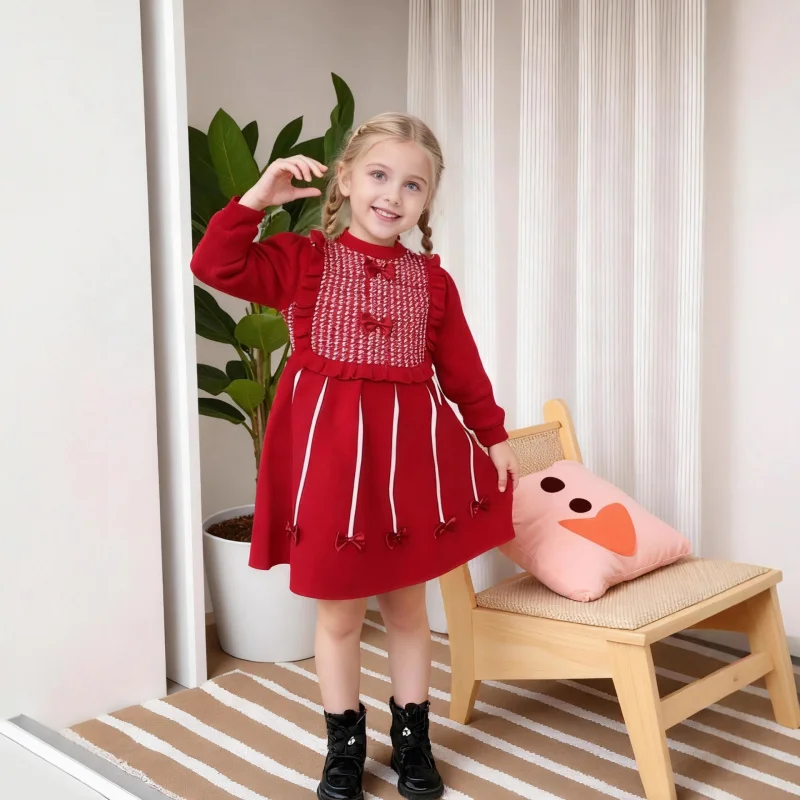 

Girls Spring Fall and Winter Sweater Dress2025New Birthday Dress New Year's Greeting Dress Princess Dress One-Piece Dress