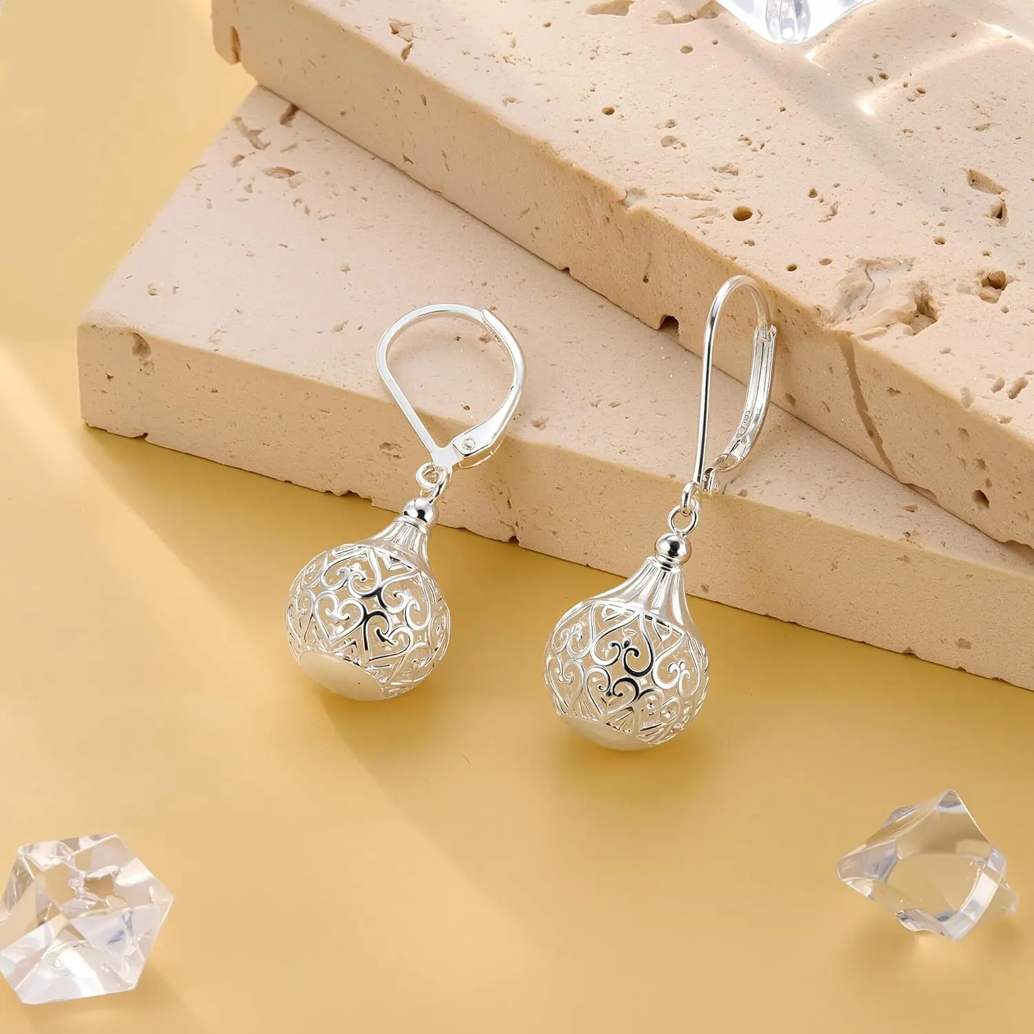 925 Sterling Silver Earrings Hypoallergenic Leverback 14K Gold Plated Dangle Ball Filigree Earrings Women Vintage Dangly Earings