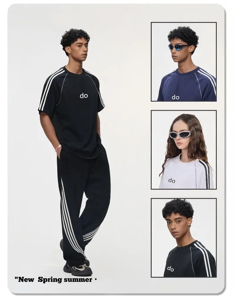 2026 men's sports striped top 240G pure cotton short sleeved t-shirt - street contrasting splicing short sleeved shirt