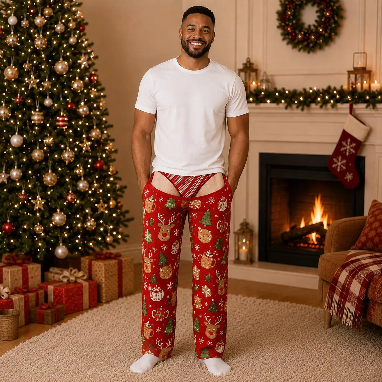 Neue, lustige, unisex-Hose mit ausgeschnittenem Gesäß und Weihnachtslicht-Motiv, gerade geschnitten, als originelle Hose für Weihnachtsfeiern, Feiertage und Freizeitkleidung. – Detail 4
