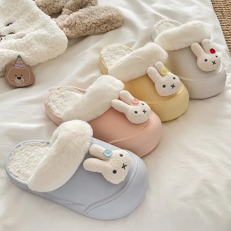 Cartoon Kawaii Miffy Autumn and Winter Thick Sole Plus Velvet Couple Keep Warm Indoor Removable Anti-slip Slippers Good Looks
