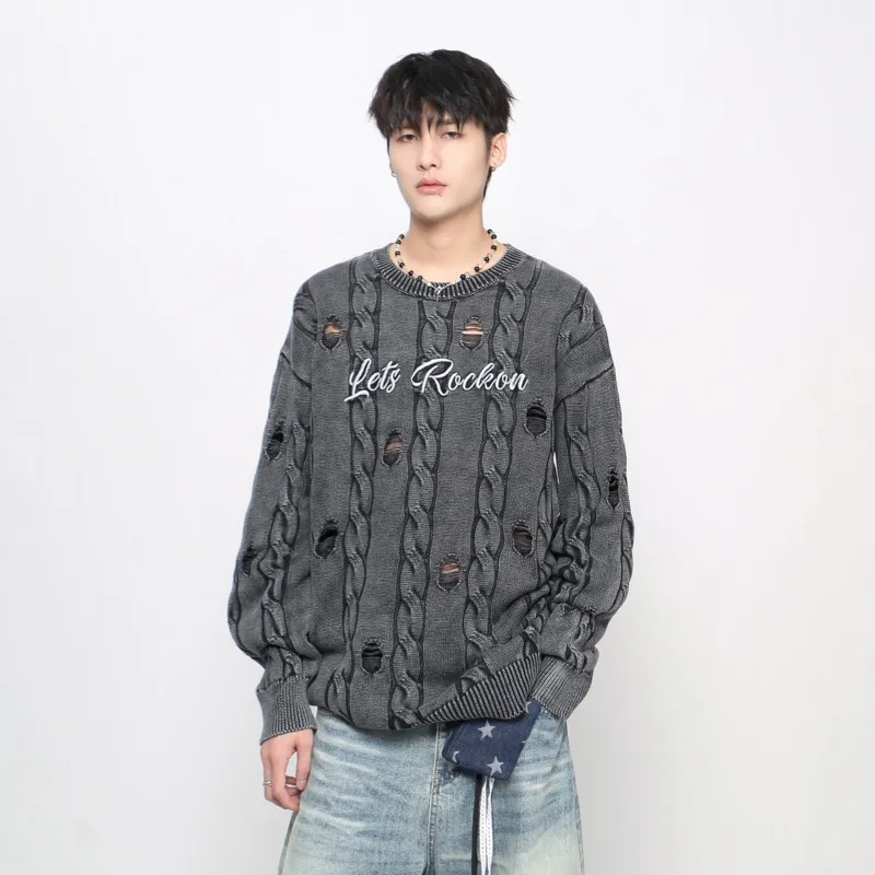 เสื้อสเวตเตอร์ผู้ชายสไตล์อเมริกัน MWJLPWQ รุ่น High Steet Vintage สีสันตัดกันแบบดิสเทรส ขาดๆ แบบลำลอง สไตล์คู่รักหลวมๆ สำหรับฤดูใบไม้ร่วงและฤดูหนาว รุ่น 21073