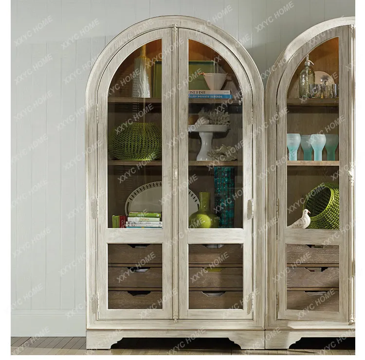 AA country-style solid wood bookcase, arched vintage vintage display cabinet