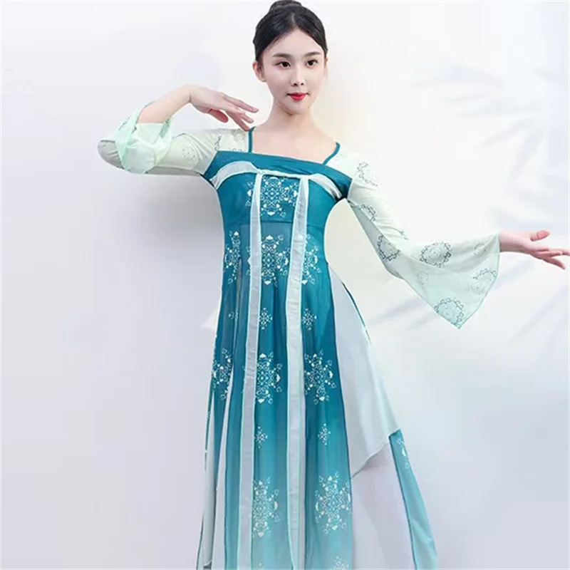 Klasyczny kostium taneczny dla kobiet dynastii Han Tang w stylu chińskim strój sceniczny pokaz występów elegancka długa sukienka do ćwiczeń z siateczki